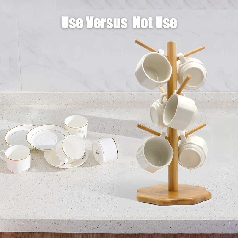 Gihunk Bamboo Countertop Mug Tree Stand with 6 Hooks, Octagon Base Coffee Cup Tree - Image 4